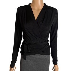 JOLLYCODE Black Wrap Long Sleeve Tie Waist Elegant Blouse Top Women's S